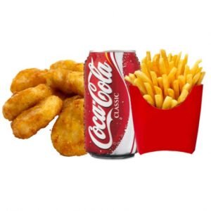 five nuggets, chips and drink